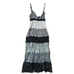 【個性的】花柄切り替え ティアードマキシワンピース クリンクル素材