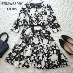 ストロベリーフィールズ　花柄 ワンピース　ウエストリボン　Aライン　モノトーン