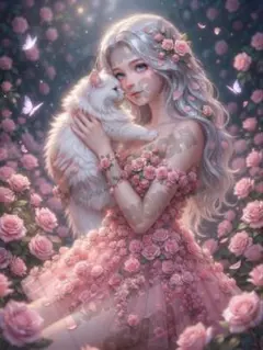 コムテチオリジナル　薔薇の中の女性と猫　デジタルアート　2Lサイズ