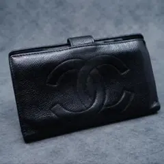 CHANEL シャネル キャビアスキン ココマーク がま口 長財布 ブラック