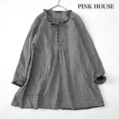 ピンクハウス ピコフリル ギンガムチェック フリル レースアップ　ブラウス