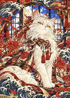 【一作限り】絢爛豪華な白猫の和装絵巻 E434 和風 浮世絵 猫アート