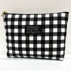 【値下げ不可】未使用品 ハンドメイド ギンガムチェック マチ付き ポーチ 黒×白