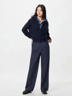 ユニクロ タックワイドパンツ/丈長め XL ネイビー