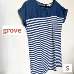 grove ボーダー切替デニム風 半袖チュニックワンピース Sのサムネイル