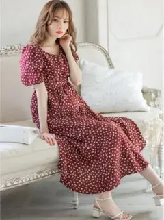 GRL グレイルパフスリーブフレアワンピース ダークレッド[on070]