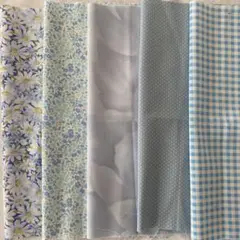 コットンプリント生地セット 青系 花柄・水玉模様・チェック25×26㎝5まい
