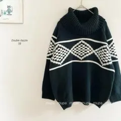 Double dazzle オフタートル幾何学模様ニット　ダークグリーン0048