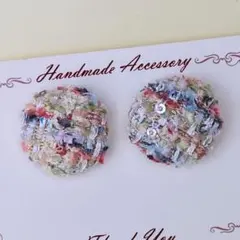 ツイード　ボタン　ピアス　イヤリング　白　ピンク　ハンドメイド　チェック ツイード ボタン ピアス イヤリング 白 ピンク ハンドメイド チェック