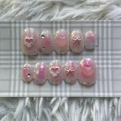 ピンクネイル ハートリボン ネイルチップ チークネイル ちゅるんネイル ゆめかわ