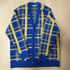 ZARA チェック柄カーディガン XL ネイビー/イエロー