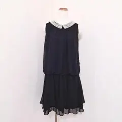 パール襟付き　ブラックワンピース　ノースリーブ（38）上品　シフォン