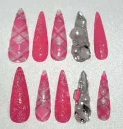 蛍光ピンク ネイルチップチェック柄ギャルネイルロング埋めつくしマグネットネイル