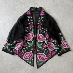 新品同様 ニョニャケバヤ クバヤ 民族衣装 ブラック 花柄 刺繍 ピンク