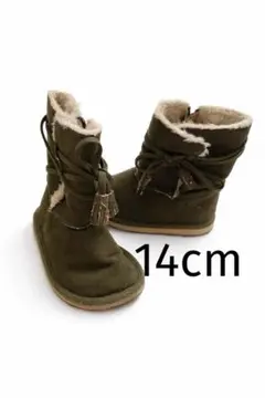 オリーブ色ファー付きスエードブーツ　ムートン　14cm 女の子　男の子　カーキ