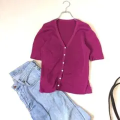 MACPHEE/マカフィー◇半袖リブニットカーディガン『S』パープル系　美品