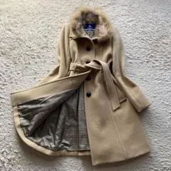 バーバリーブルーレーベル ロングコート フォックスファー ベルト アンゴラ混 M