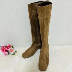 スエード ロングブーツ ジッパー付き キャメル