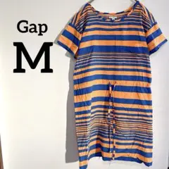 Gap【M】オレンジ ブルー ボーダー 半袖ひざ丈ワンピース