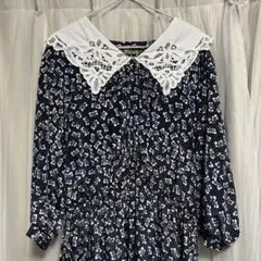 白襟レース　ロングワンピース　vintage リボン柄　レトロ　高円寺