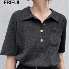 【シーイン】＊人気商品＊FRIFUL ポロカラー 半袖Tシャツ ブラック Sのサムネイル