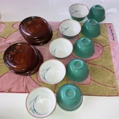 香蘭社セイントジョーン湯呑み(蘭金彩) 茶托(天然木)10客