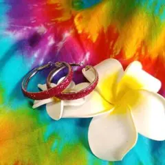 ④ド目立ちMAX！キラキラ！グリッター幅広デカフープピアス□チェリーピンク□新品