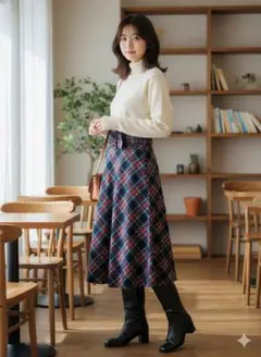 タータンチェック柄フレアスカート ウエストベルト付き
