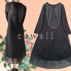 cawaii 長袖ワンピース 背中で魅せるシアーな羽根モチーフワンピース