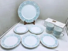 ♥*！様 ノリタケ レースウッドゴールド まとめ★水色 花柄 大皿 小皿 ペアマ