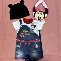 ミニーマウスロンパース　帽子　スタイ　セット