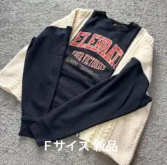 pocket tip top 部分ケーブルニット切替ロゴトレーナー紺F新品