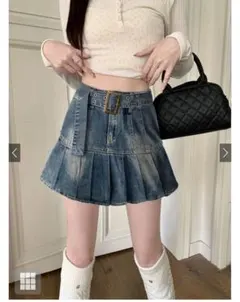 インパン裏地付きベルトデニムプリーツスカート［at2307］