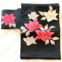 帯 名古屋仕立て アンティーク 黒 花柄 昭和レトロ コスプレ 黒 ピンク 着物