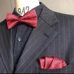 蝶ネクタイ　ポケットチーフ2点セット/レッド&ネイビードットO