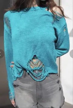 ターコイズ ダメージニットセーター