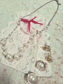 【3点】レトロ パール ネックレス イヤリング セット おまけレース袋付