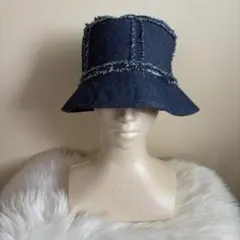 ダークデニム バケットハット フリンジ加工リバーシブル