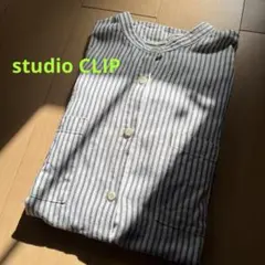 studio CLIP バンドカラー 綿100%ストライプシャツ Mサイズ