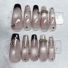 ギャル　ロングネイルチップ　マグネット　フレンチ　ピンク　黒　キラキラ　ドット