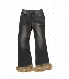 平成 グランジ ギャル y2k ブラック フレアデニムパンツ ファー付き