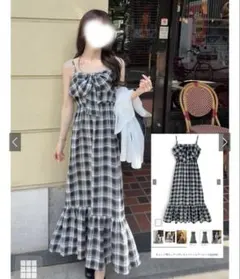 チェック柄ビッグリボンキャミソールワンピース　tg959　ネイビー GRL