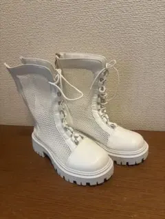 ホワイトメッシュブーツ 厚底ジッパー付き