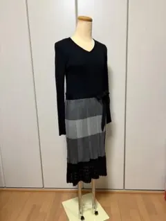 リボン付きニットワンピース 黒・グレー