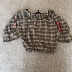 女児　トップス　ブラウス　オフショルダー　140 チェック　刺繍