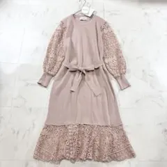 【新品】ミシェルマカロン ニットワンピース レース　ドッキング ピンク