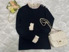 重ね着風 ドッキングニット ドッキングブラウス 長袖ニット パール 黒 パール