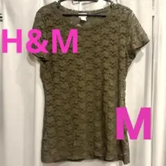 H&M レース半袖トップス カーキ　花柄レース　透けトップス