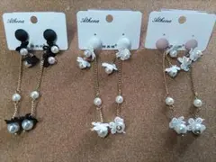 パール フラワーモチーフ ピアス　３色セット　ピンク　ブラック　ホワイト
