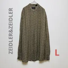 長袖シャツ 総柄 バンドカラー 比翼仕立て 黒 茶 黄 L